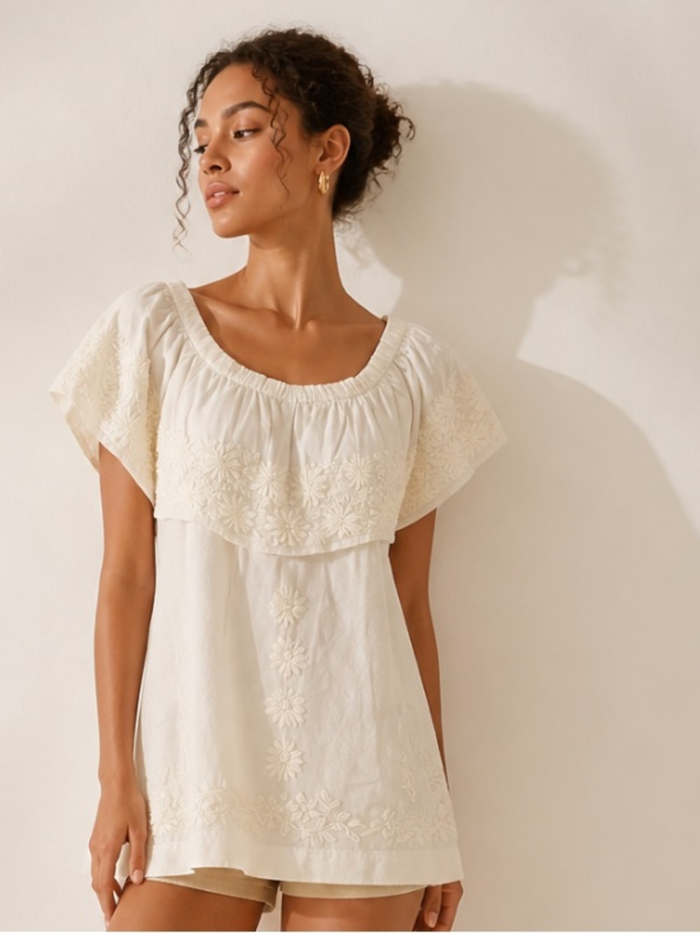 ROLLER RABBIT Peasant Blouse Embroidered Floral White Boho Off Shoulder Small